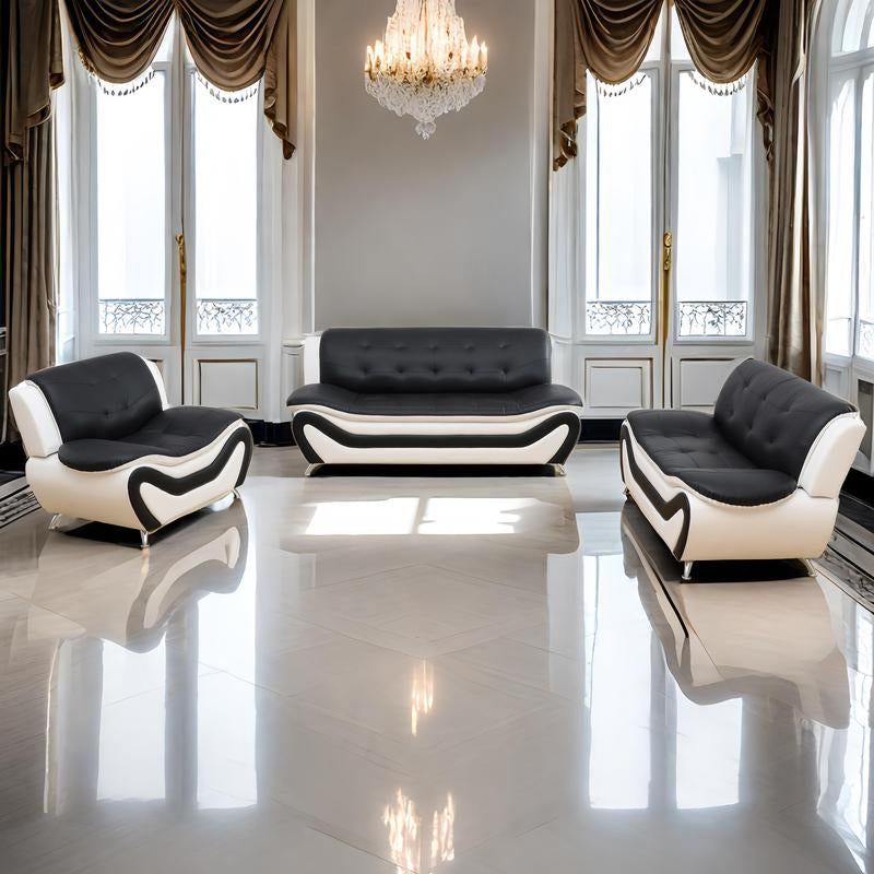 3Pcs Couches Faux Leather Sofa Set for Living Room, Tufted Sectional Couch Upholstered Sofa, Loveseat and Chair, Furniture Sets for Living Room, Apartment, Office
