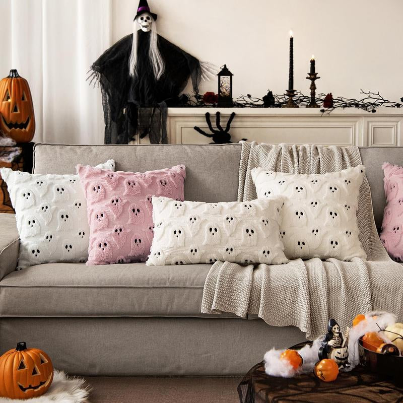 Halloween Pillow Covers Cute Ghost Spooky Throw Pillows Set of 2 Soft Plush Faux Fur Decorative Cushion Covers for Couch Sofa Bed Porch Living Room Halloween Decor 18X18 Inch White Party Vampire Harvest Festival Pumpkin Pillow Cover