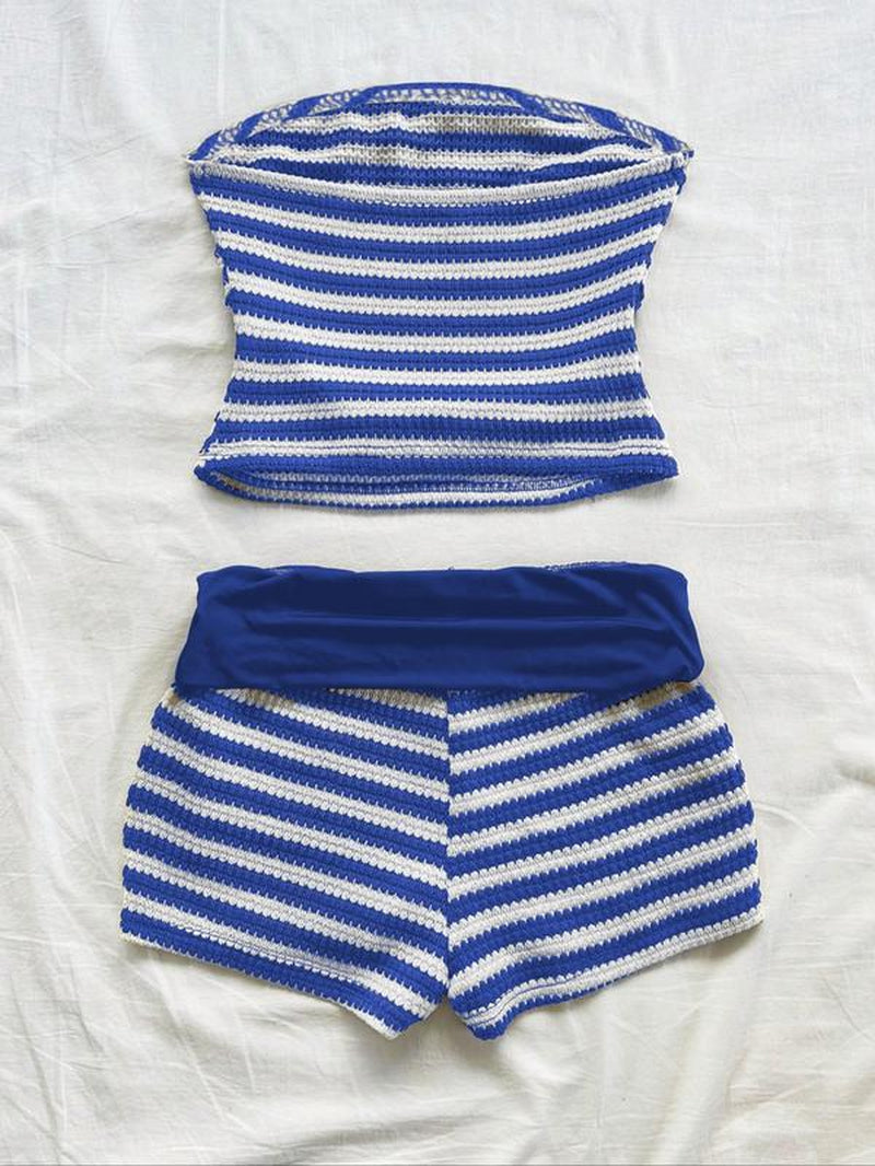 Women'S Striped Pattern Tube Top & Shorts Two-Piece Set, Casual Fashion Cozy Sweater Set for Daily Holiday Vacation Wear, Ladies Clothes for Summer, Summer Outfits Set, Fitted Womenswear, Matching Sets, Stretchy Outfit Sets