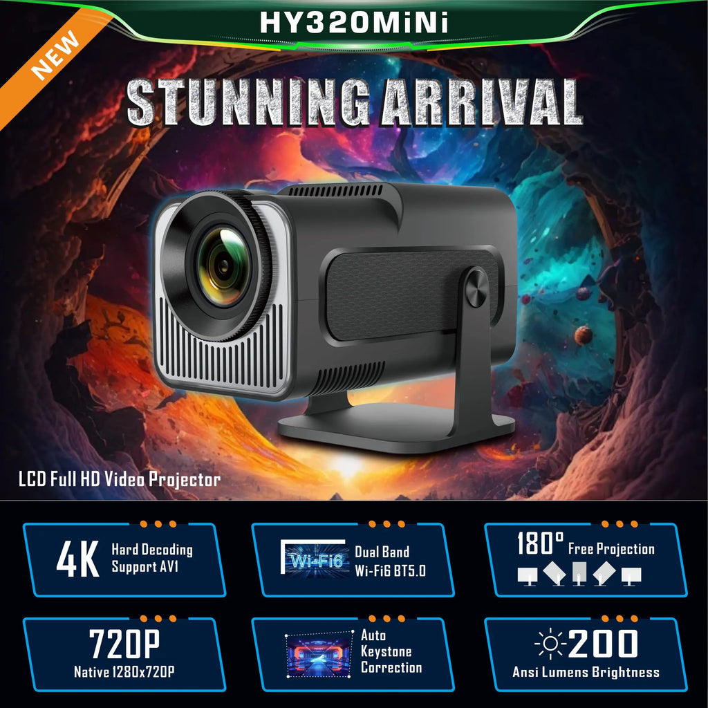 4K Smart Projector HY320 Mini Android 11 Dual Wifi6 200 ANSI Allwinner H713 BT5.0 1080P 1980*1080P Home Cinema Outdoor Projetor