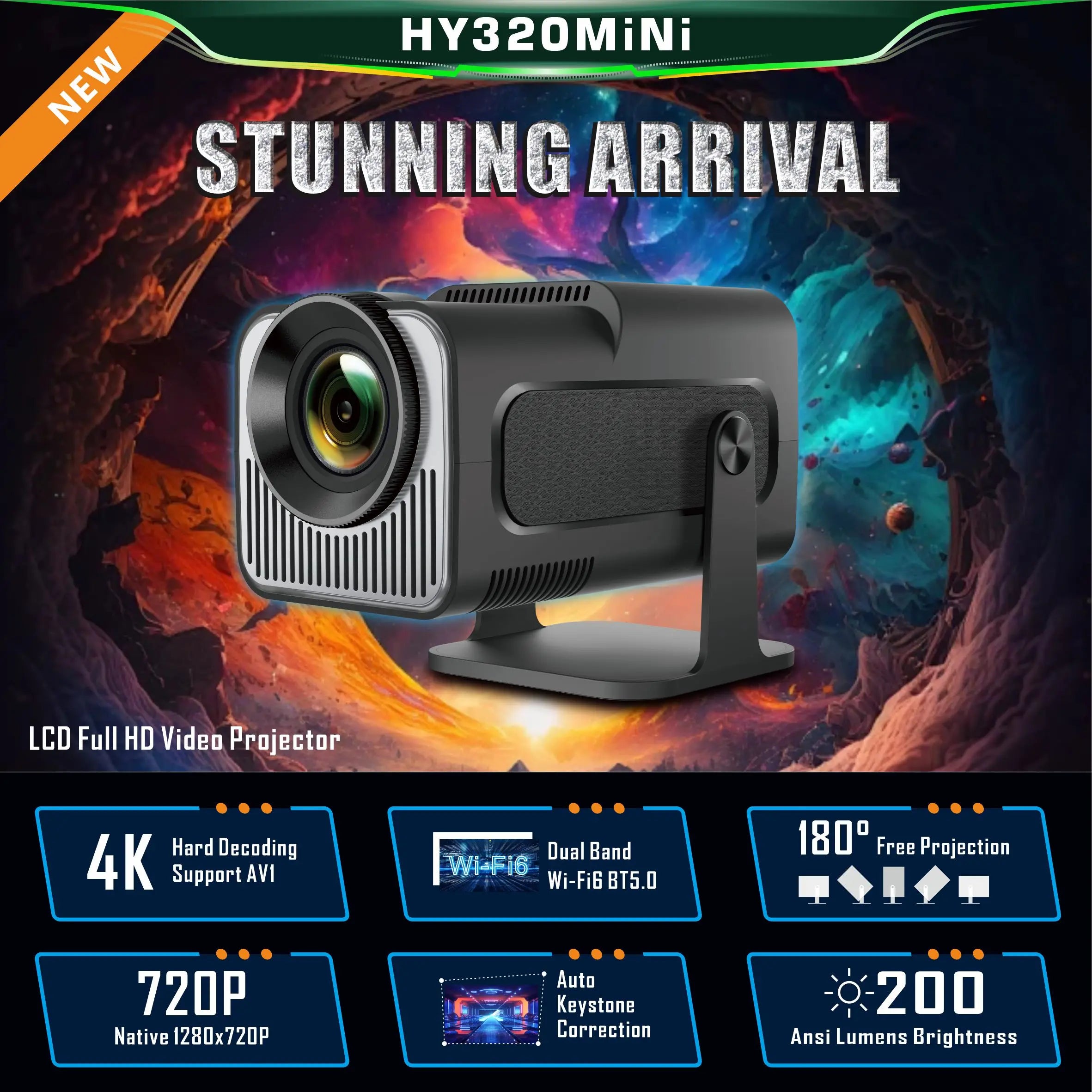 4K Smart Projector HY320 Mini Android 11 Dual Wifi6 200 ANSI Allwinner H713 BT5.0 1080P 1980*1080P Home Cinema Outdoor Projetor