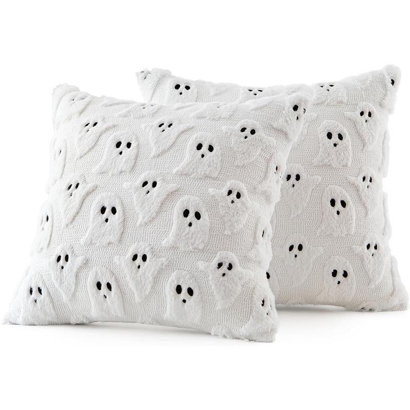 Halloween Pillow Covers Cute Ghost Spooky Throw Pillows Set of 2 Soft Plush Faux Fur Decorative Cushion Covers for Couch Sofa Bed Porch Living Room Halloween Decor 18X18 Inch White Party Vampire Harvest Festival Pumpkin Pillow Cover
