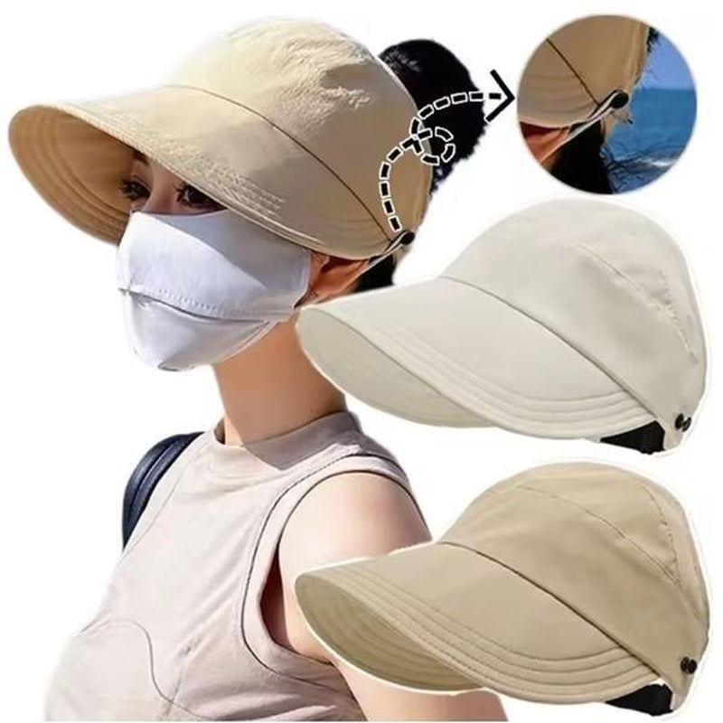Summer Wide Brim Sunhat Women Sun Hats Foldable Adjustable Outdoor Beach Bucket Hat UV Protection Visors Fisherman Ponytail Caps