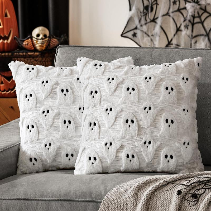 Halloween Pillow Covers Cute Ghost Spooky Throw Pillows Set of 2 Soft Plush Faux Fur Decorative Cushion Covers for Couch Sofa Bed Porch Living Room Halloween Decor 18X18 Inch White Party Vampire Harvest Festival Pumpkin Pillow Cover