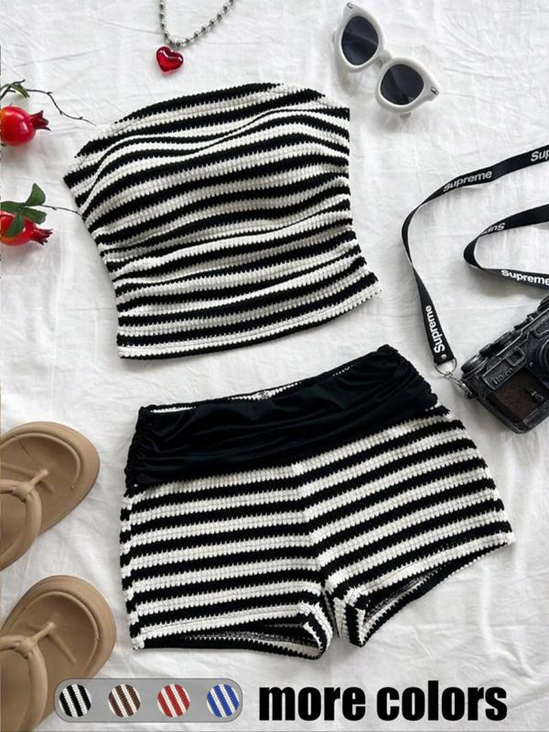 Women'S Striped Pattern Tube Top & Shorts Two-Piece Set, Casual Fashion Cozy Sweater Set for Daily Holiday Vacation Wear, Ladies Clothes for Summer, Summer Outfits Set, Fitted Womenswear, Matching Sets, Stretchy Outfit Sets