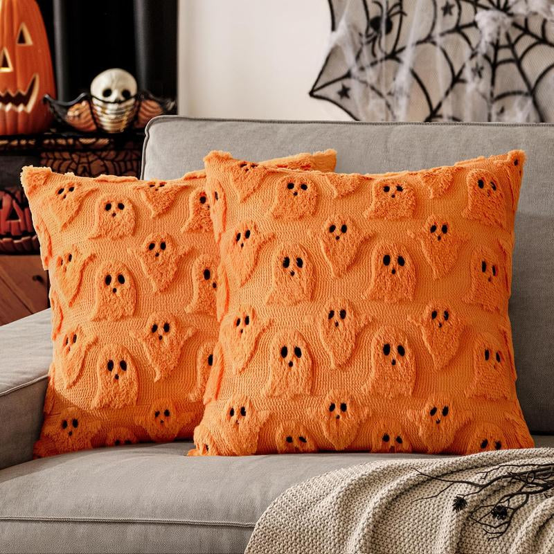 Halloween Pillow Covers Cute Ghost Spooky Throw Pillows Set of 2 Soft Plush Faux Fur Decorative Cushion Covers for Couch Sofa Bed Porch Living Room Halloween Decor 18X18 Inch White Party Vampire Harvest Festival Pumpkin Pillow Cover