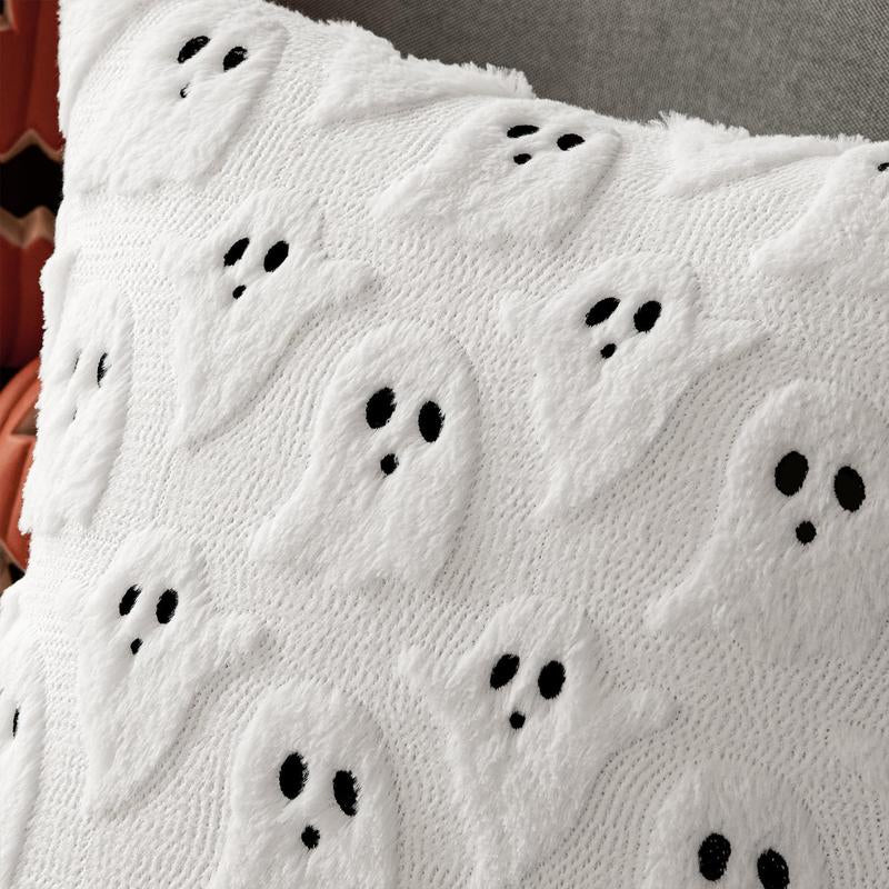 Halloween Pillow Covers Cute Ghost Spooky Throw Pillows Set of 2 Soft Plush Faux Fur Decorative Cushion Covers for Couch Sofa Bed Porch Living Room Halloween Decor 18X18 Inch White Party Vampire Harvest Festival Pumpkin Pillow Cover