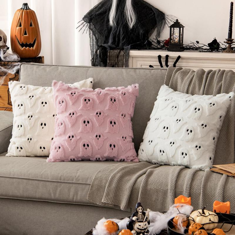 Halloween Pillow Covers Cute Ghost Spooky Throw Pillows Set of 2 Soft Plush Faux Fur Decorative Cushion Covers for Couch Sofa Bed Porch Living Room Halloween Decor 18X18 Inch White Party Vampire Harvest Festival Pumpkin Pillow Cover