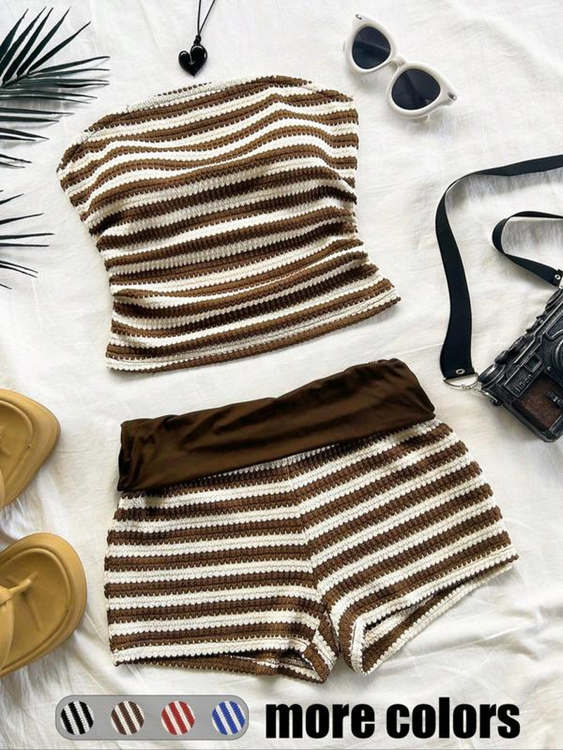 Women'S Striped Pattern Tube Top & Shorts Two-Piece Set, Casual Fashion Cozy Sweater Set for Daily Holiday Vacation Wear, Ladies Clothes for Summer, Summer Outfits Set, Fitted Womenswear, Matching Sets, Stretchy Outfit Sets