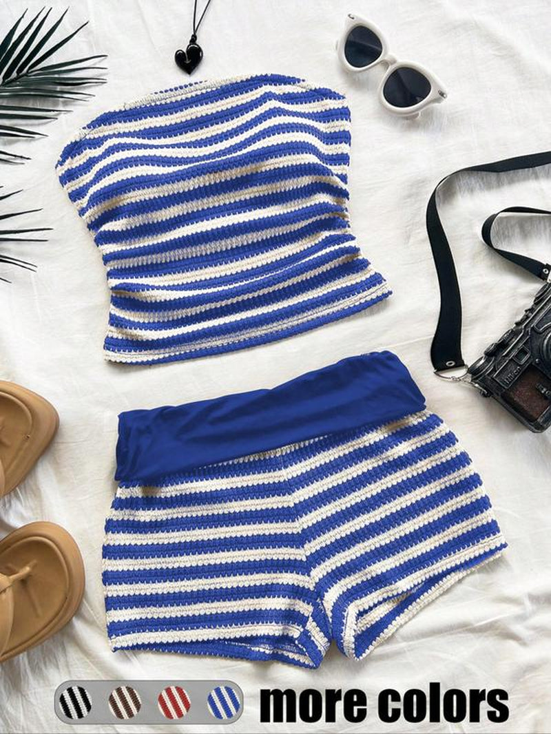 Women'S Striped Pattern Tube Top & Shorts Two-Piece Set, Casual Fashion Cozy Sweater Set for Daily Holiday Vacation Wear, Ladies Clothes for Summer, Summer Outfits Set, Fitted Womenswear, Matching Sets, Stretchy Outfit Sets