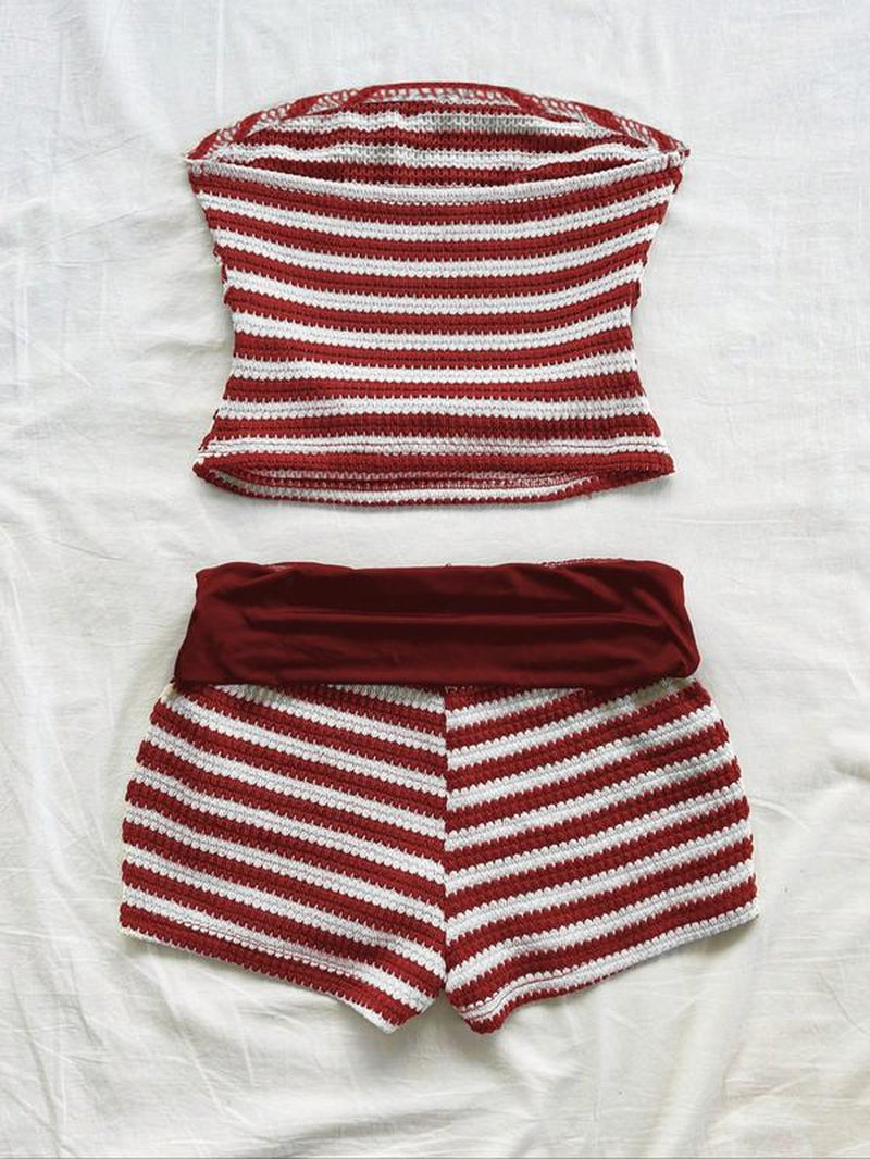 Women'S Striped Pattern Tube Top & Shorts Two-Piece Set, Casual Fashion Cozy Sweater Set for Daily Holiday Vacation Wear, Ladies Clothes for Summer, Summer Outfits Set, Fitted Womenswear, Matching Sets, Stretchy Outfit Sets