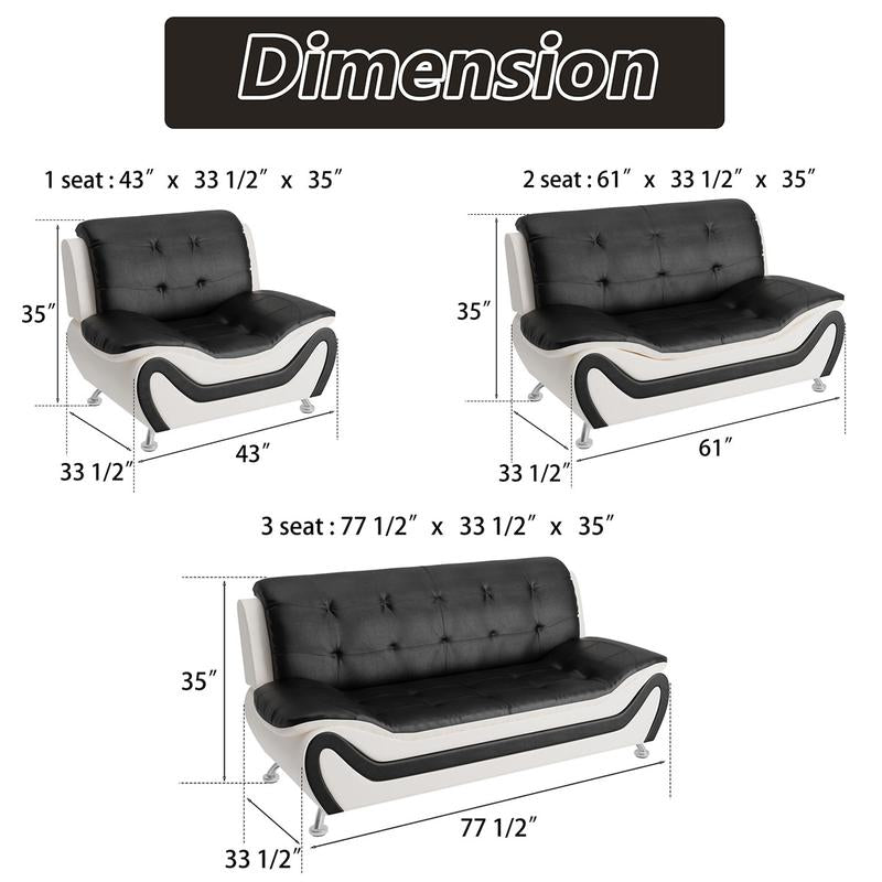 3Pcs Couches Faux Leather Sofa Set for Living Room, Tufted Sectional Couch Upholstered Sofa, Loveseat and Chair, Furniture Sets for Living Room, Apartment, Office