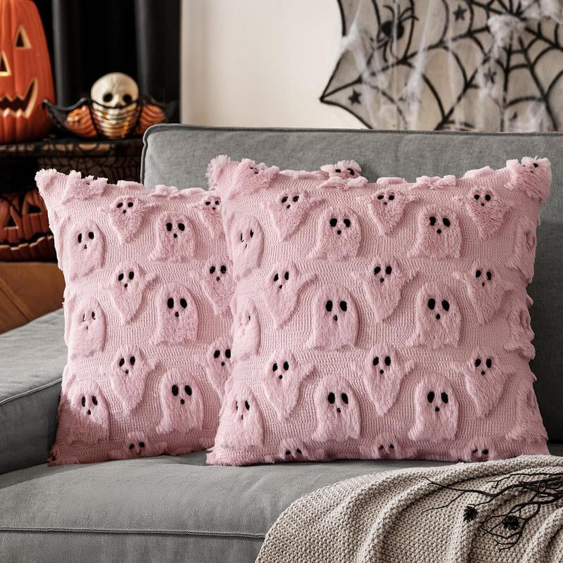 Halloween Pillow Covers Cute Ghost Spooky Throw Pillows Set of 2 Soft Plush Faux Fur Decorative Cushion Covers for Couch Sofa Bed Porch Living Room Halloween Decor 18X18 Inch White Party Vampire Harvest Festival Pumpkin Pillow Cover