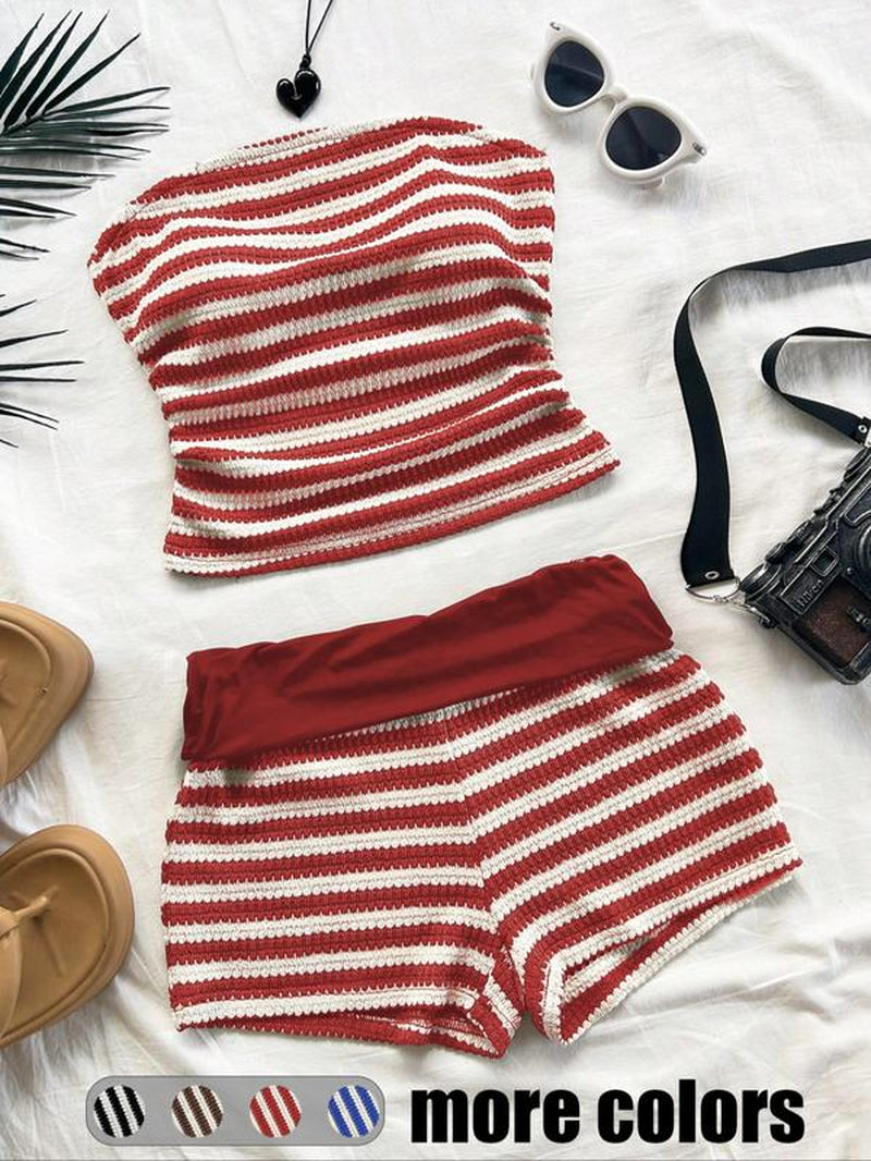 Women'S Striped Pattern Tube Top & Shorts Two-Piece Set, Casual Fashion Cozy Sweater Set for Daily Holiday Vacation Wear, Ladies Clothes for Summer, Summer Outfits Set, Fitted Womenswear, Matching Sets, Stretchy Outfit Sets