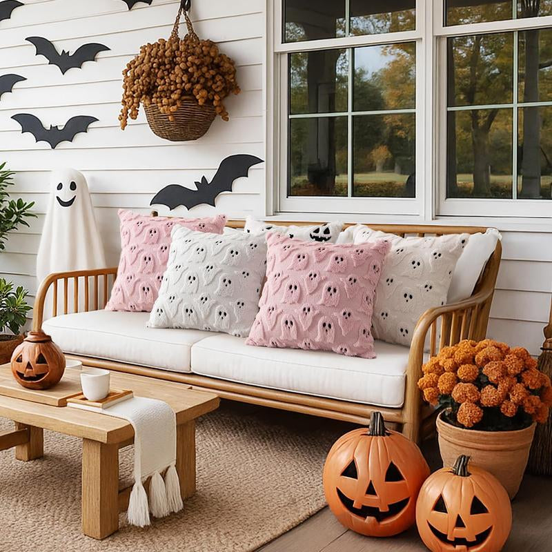 Halloween Pillow Covers Cute Ghost Spooky Throw Pillows Set of 2 Soft Plush Faux Fur Decorative Cushion Covers for Couch Sofa Bed Porch Living Room Halloween Decor 18X18 Inch White Party Vampire Harvest Festival Pumpkin Pillow Cover