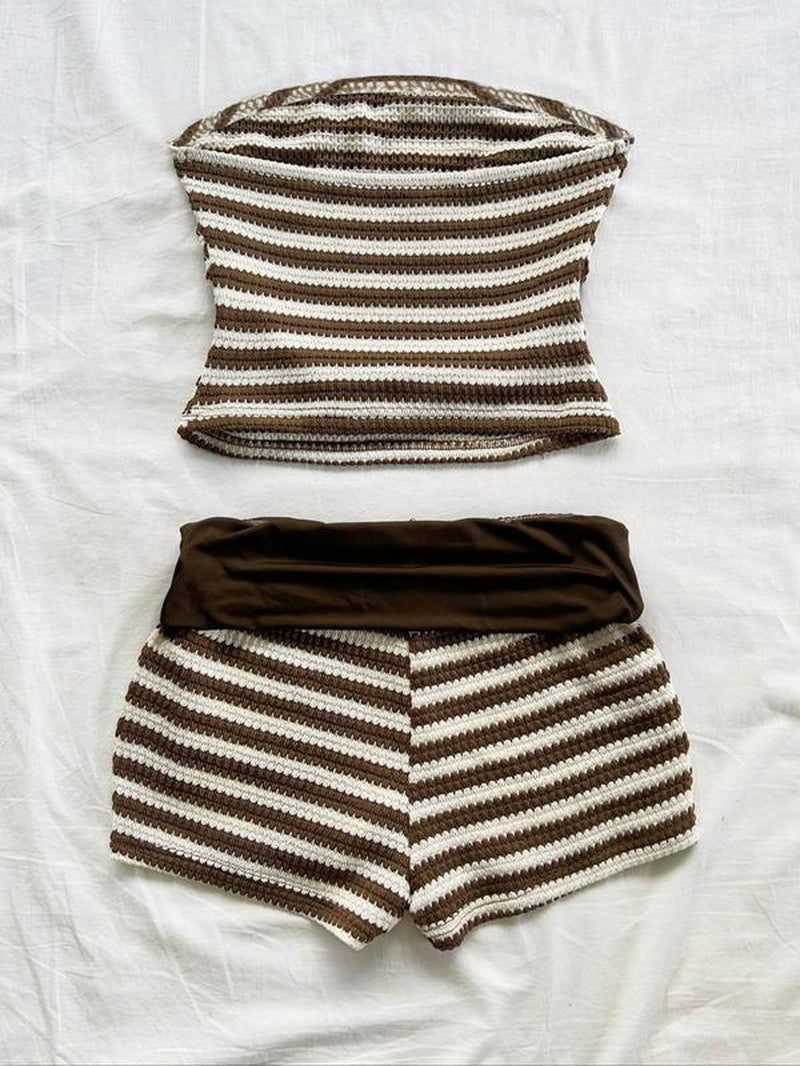 Women'S Striped Pattern Tube Top & Shorts Two-Piece Set, Casual Fashion Cozy Sweater Set for Daily Holiday Vacation Wear, Ladies Clothes for Summer, Summer Outfits Set, Fitted Womenswear, Matching Sets, Stretchy Outfit Sets