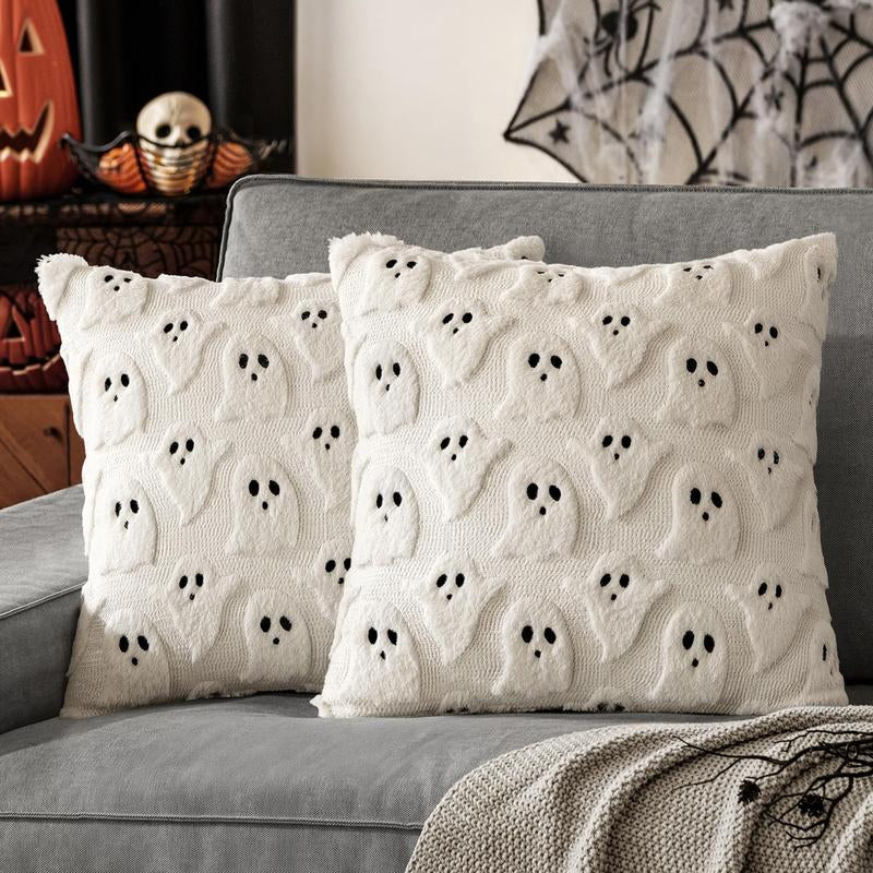 Halloween Pillow Covers Cute Ghost Spooky Throw Pillows Set of 2 Soft Plush Faux Fur Decorative Cushion Covers for Couch Sofa Bed Porch Living Room Halloween Decor 18X18 Inch White Party Vampire Harvest Festival Pumpkin Pillow Cover